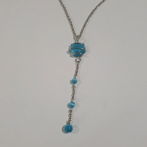 Turquoise Pendant Necklace – Twisted Silver Wire Wrap w/ Beaded Drop | Artisan - Picture 6 of 11